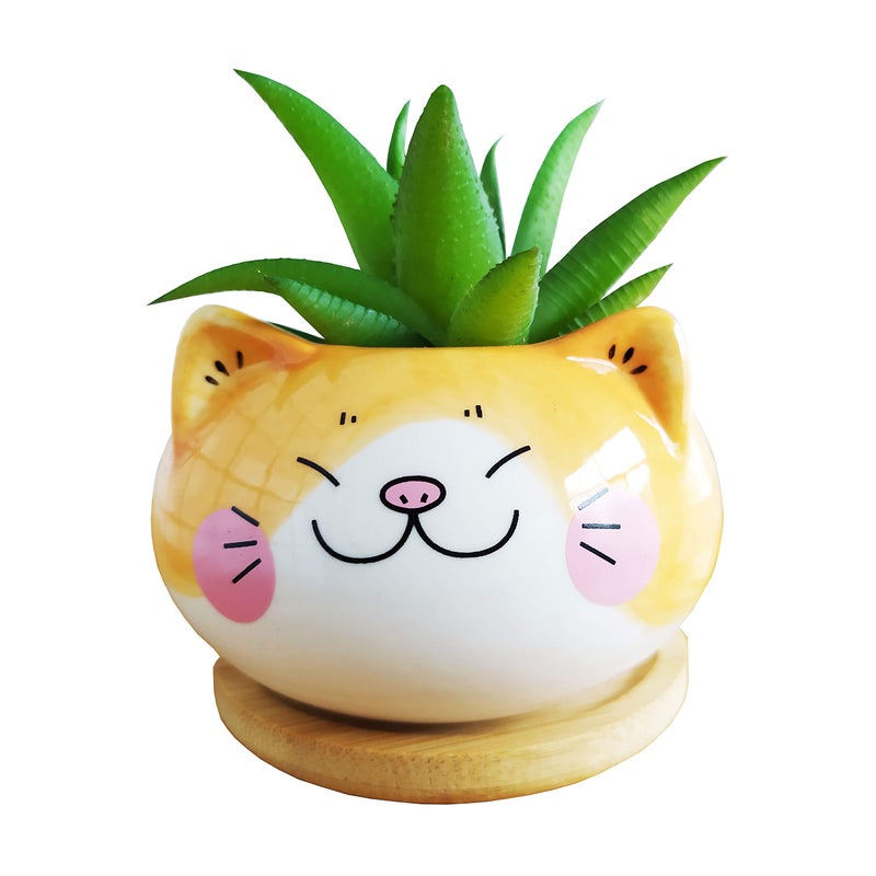 Cuteforyou Cute 3.5 Inches Indoor Cartoon Animal Cat Shaped Ceramic Succulent Cactus Flower Plant Pots with Bamboo Tray-Plant Not Included (Yellow) - Image 1